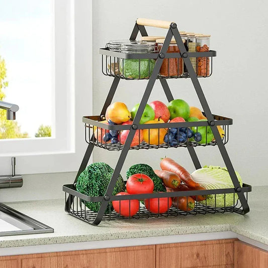 Wooden Handled 3 Tier Fruit & Vegetables Basket